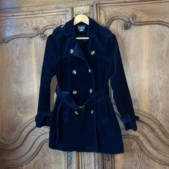 LL Bean Navy Blue Corduroy Double Button Up Jacket Pea Coat - Picture 2 of 15